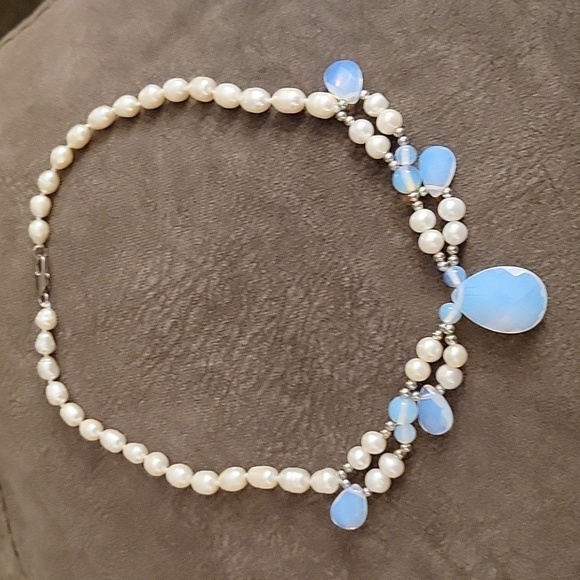 HANDMADE Freshwater Pearl Knotted Opalite Teardrop Festoon Landgirl Necklace - Picture 2 of 8